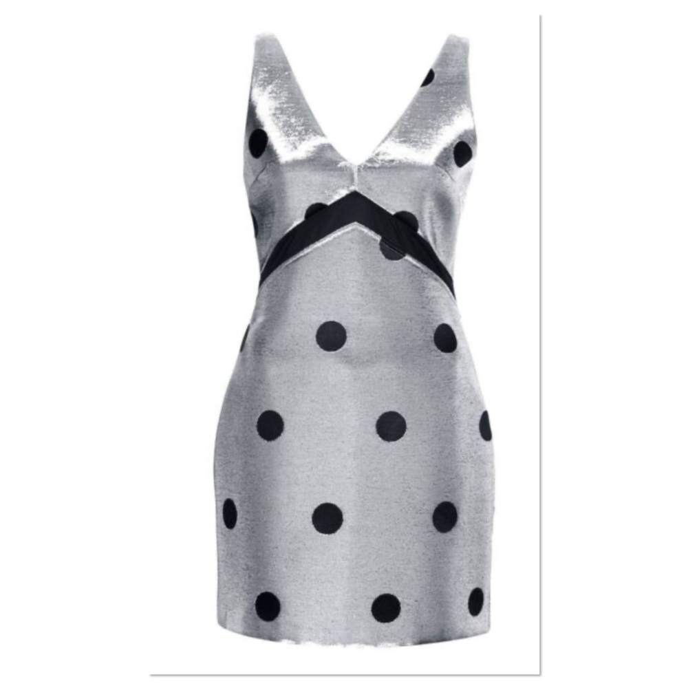 Topshop Polka Dot Sleeveless V-Neck Mini Dress Shimmery Silver & Black Sz 0 NWT